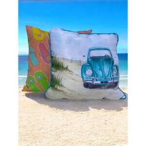 Beach Motif Throw Pillows Volkswagen and Sandles 14 and 16 Inch Square Lot of 2